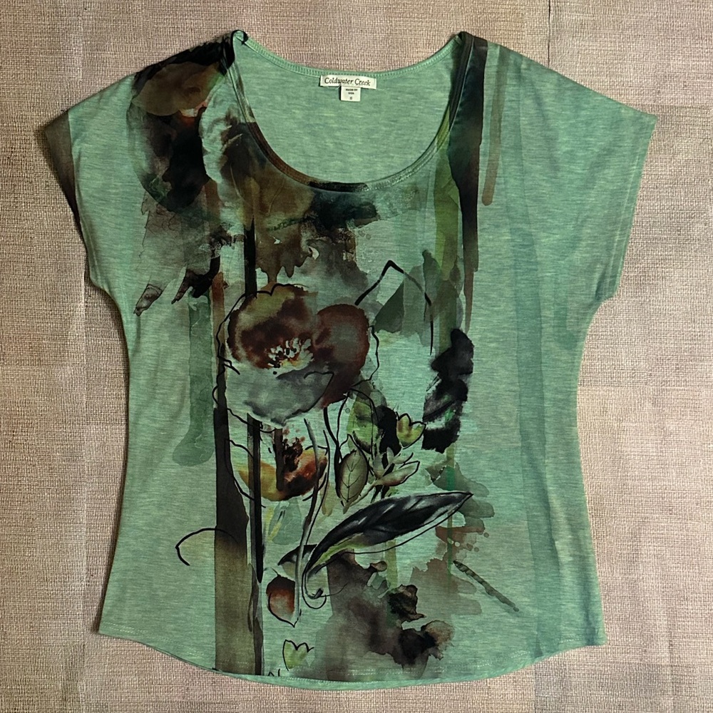 Coldwater Creek NWOT Women’s Green Floral Scoop Neck Top, Size Small